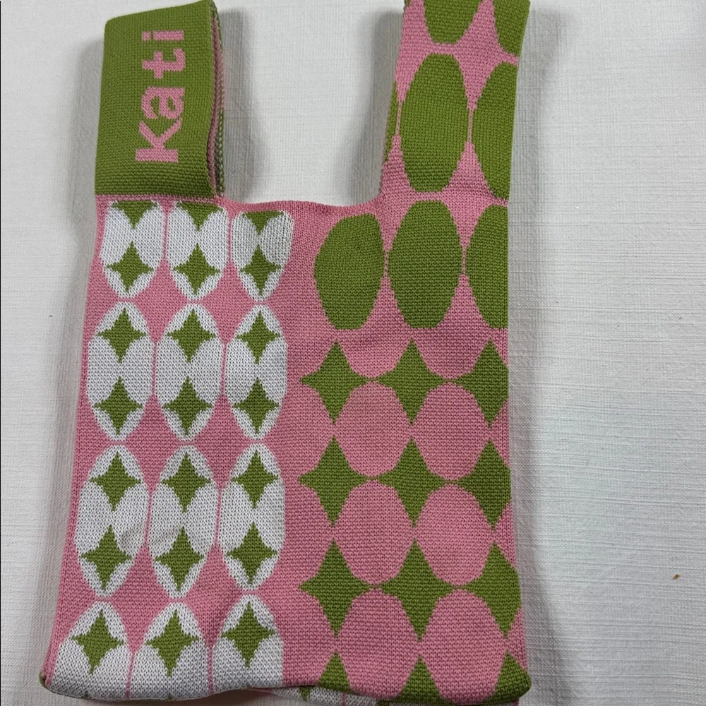 Kati‎ Pink Green Knit Geometric Pattern Mini Tote Bag Asymmetrical Handle